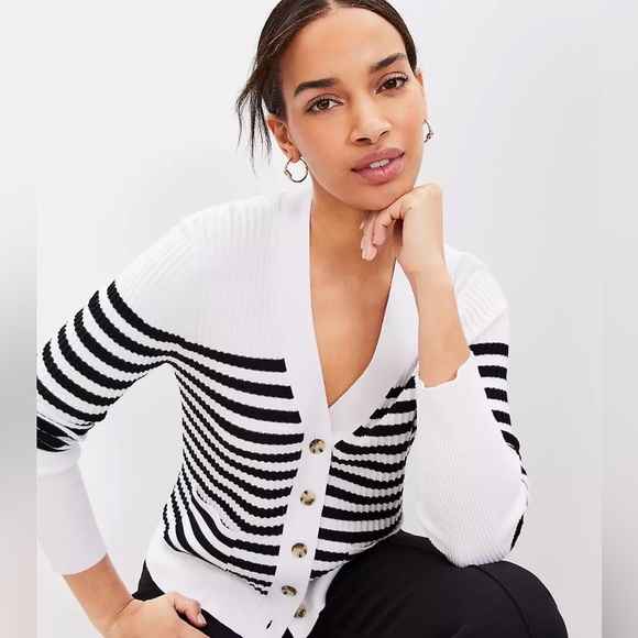 LOFT Striped Ribbed V-Neck Cardigan - Picture 1 of 6